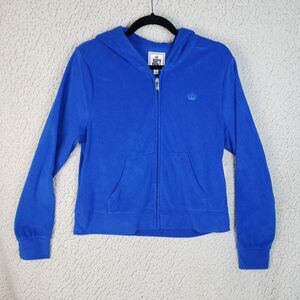 Juicy Couture Jacket Womens L Blue Velour Hoodie Track Sweater Y2K Soft Girl